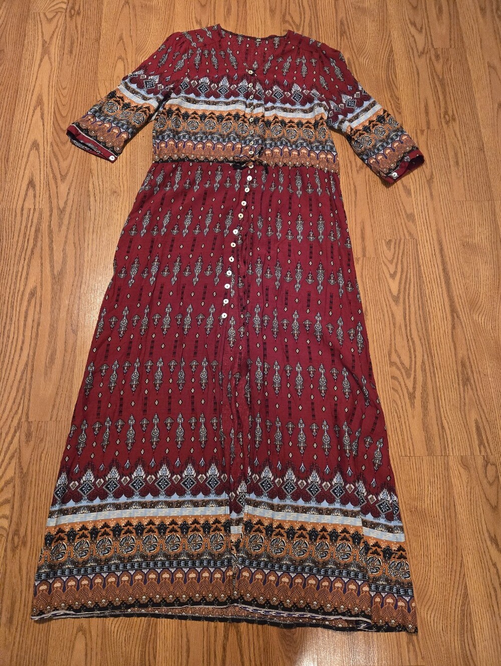 Bohemian Red Maxi Dress Button Front Print Slit Boho Duster Cardigan Casual XL - Picture 6 of 12